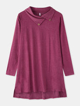 Women Solid Color Button Cowl Neck Split Hem Casual Long Sleeve Mini Dress